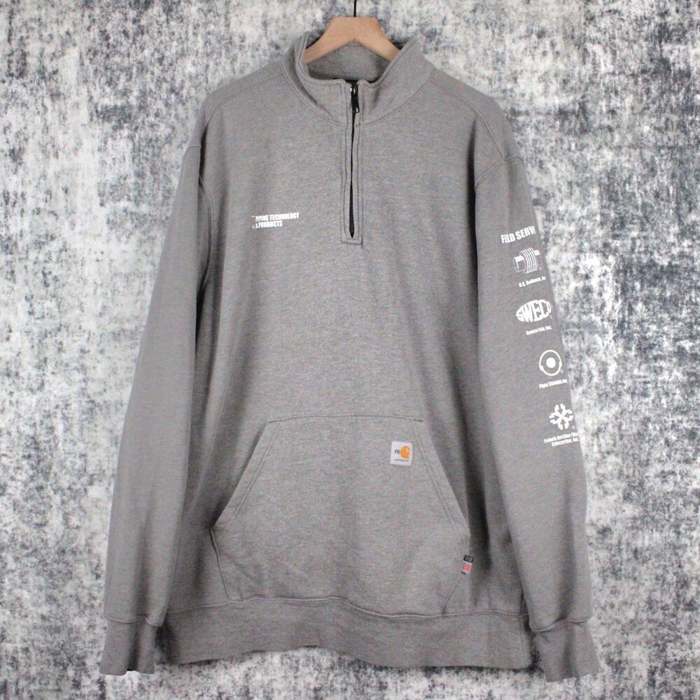 Carhartt FR Mens Size 2XL Loose Fit Gray Quarter Zip Sweatshirt LOGO